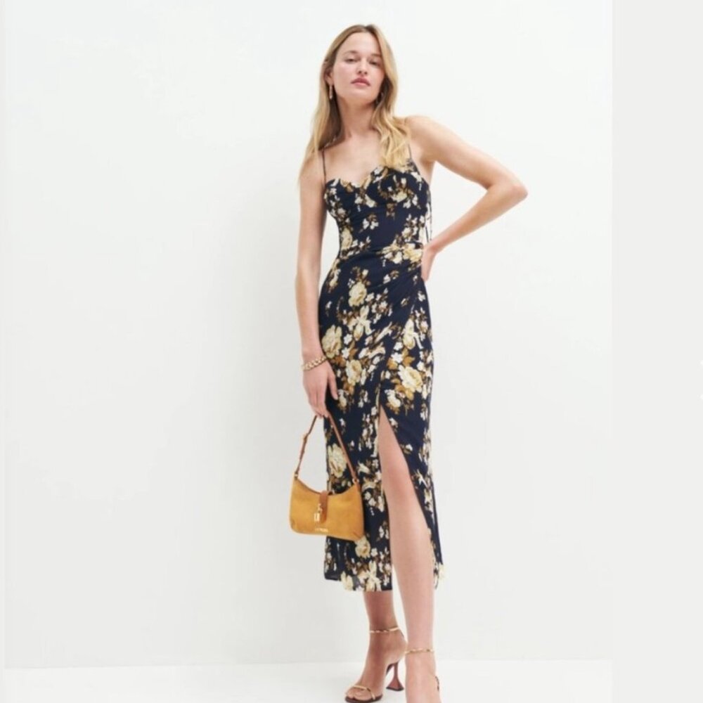 Reformation Kourtney Dress Divinity Floral - Size 8, Navy Blue and Gold